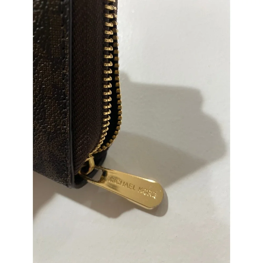 Michael Kors Jet Set Travel Continental Wristlet Wallet Brown Logo Gold Hardware